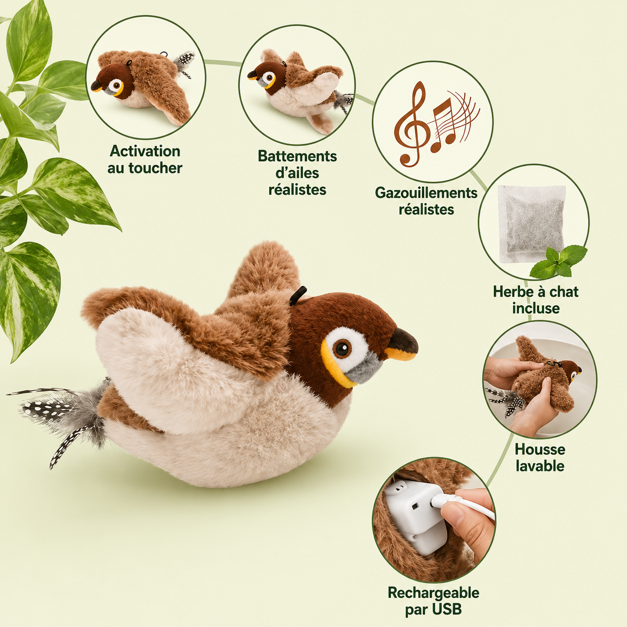 Caractéristiques de l'oiseau en peluche pour chat : activation au toucher, herbe à chat et housse lavable
