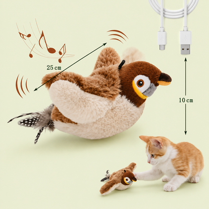 Oiseau en peluche pour chat de 25 cm avec câble USB et chaton roux qui joue