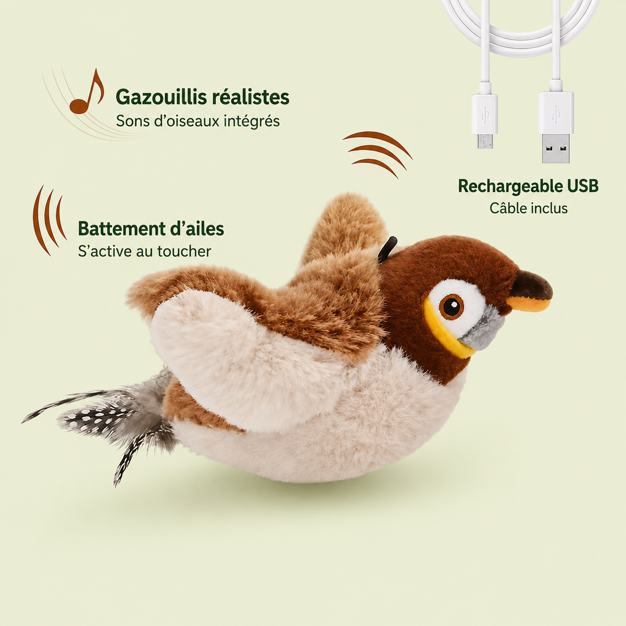 Oiseau en peluche pour chat : gazouillis réalistes, battements d'ailes et recharge USB