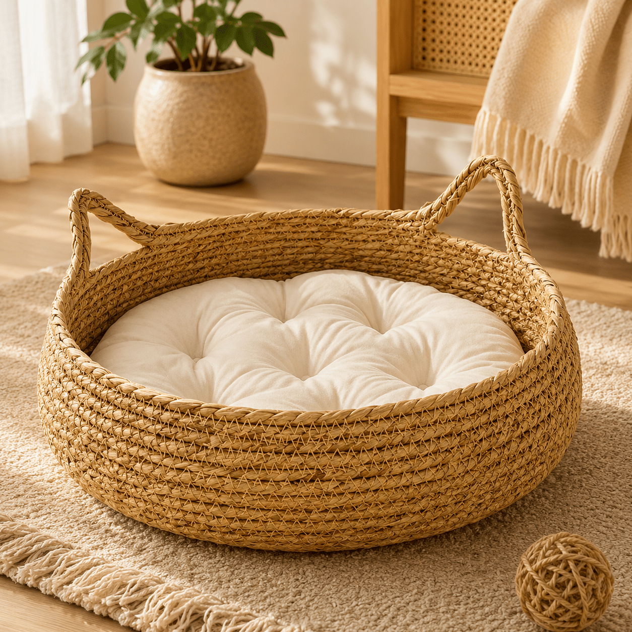 Panier pour chat tressé main en fibres naturelles avec coussin amovible