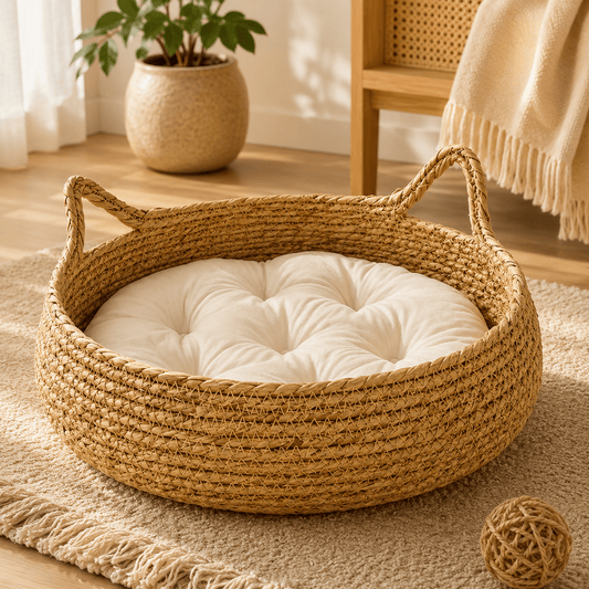 Panier pour chat tressé main en fibres naturelles avec coussin amovible