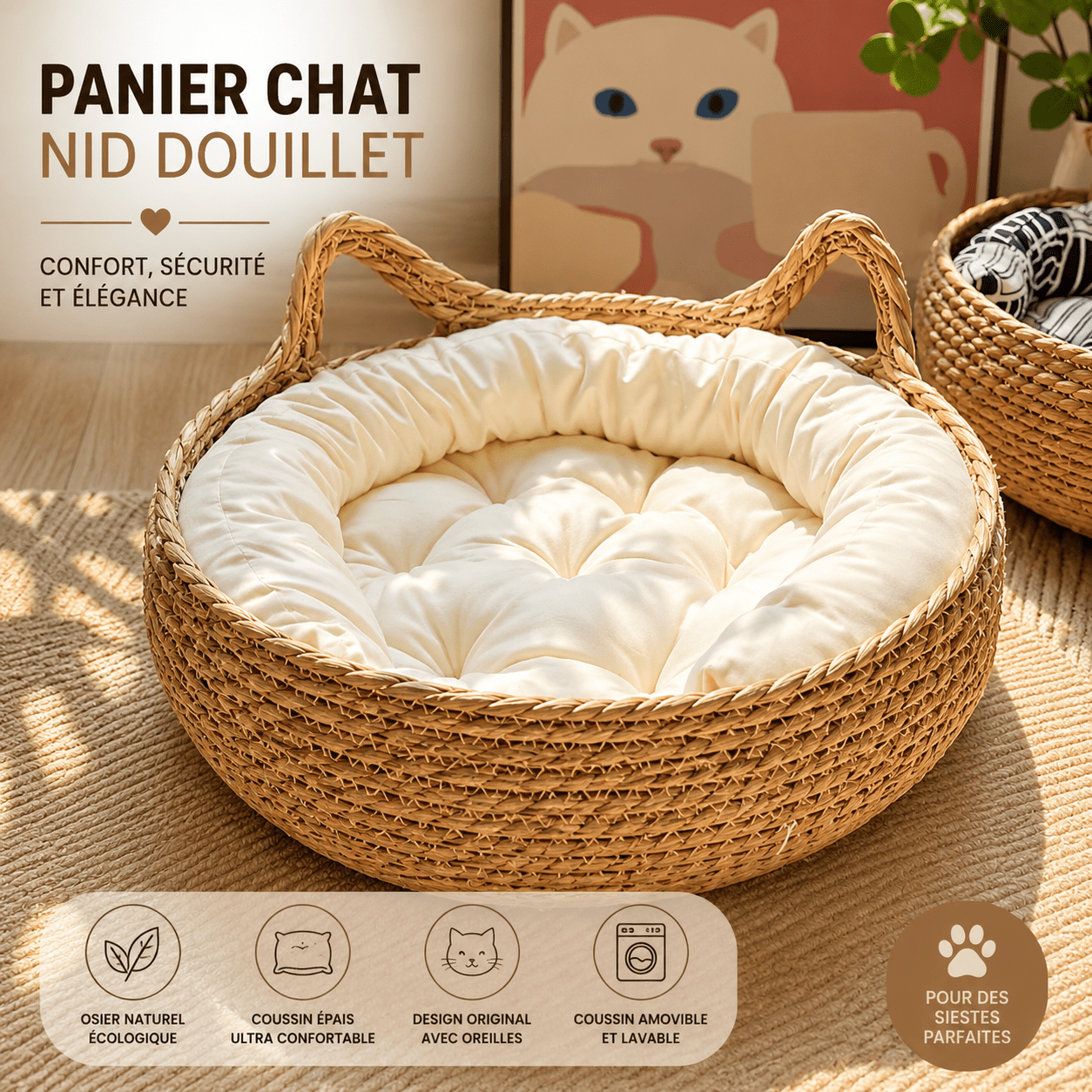 Détail du tressage artisanal du panier pour chat en fibres naturelles