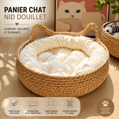 Détail du tressage artisanal du panier pour chat en fibres naturelles