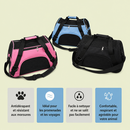 Sac de transport pour chat en rose, bleu ciel et noir, facile à nettoyer et respirant