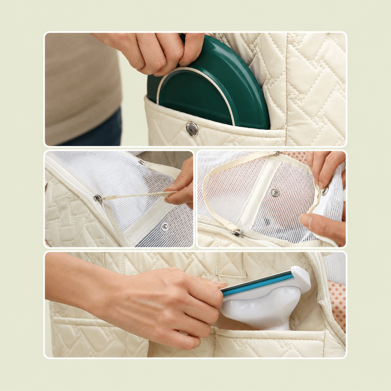 Détails du sac de transport pour chat : poches de rangement, laisse de sécurité et gamelle pliable