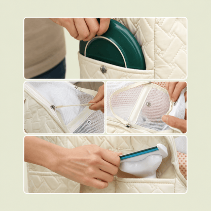 Détails du sac de transport pour chat : poches de rangement, laisse de sécurité et gamelle pliable