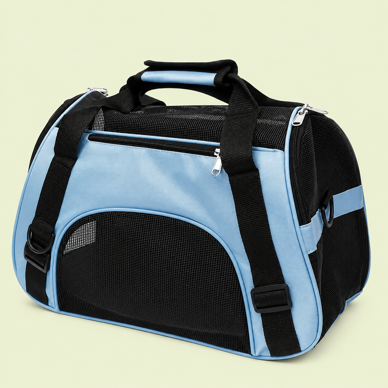 Sac de transport pour chat coloris bleu ciel avec bandoulière et panneaux en maille
