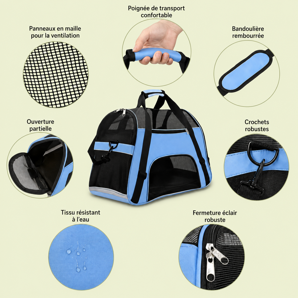 Caractéristiques du sac de transport pour chat : maille, poignée, bandoulière, tissu déperlant