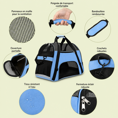 Caractéristiques du sac de transport pour chat : maille, poignée, bandoulière, tissu déperlant