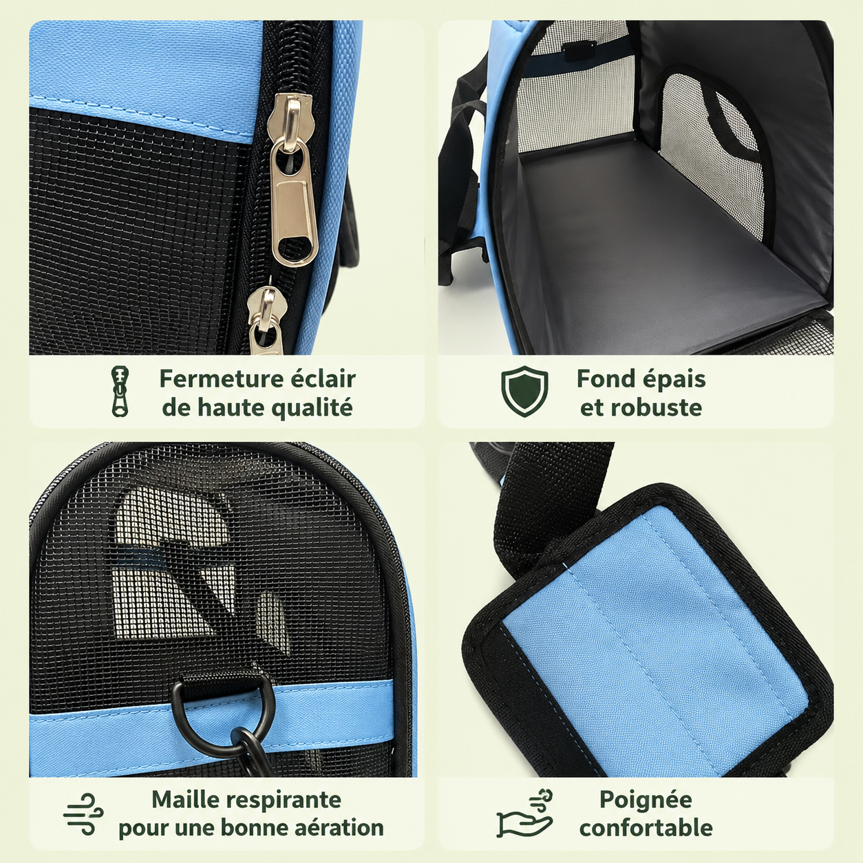 Détails du sac de transport pour chat : maille, ouverture latérale, fond rigide et mousqueton