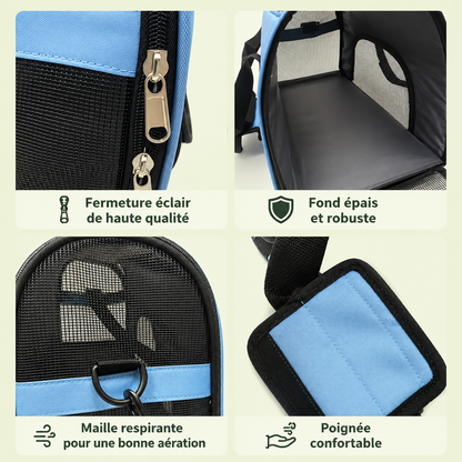Détails du sac de transport pour chat : maille, ouverture latérale, fond rigide et mousqueton