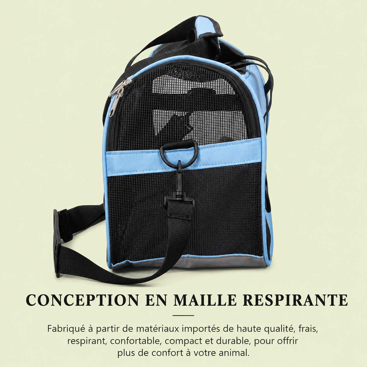 Sac de transport pour chat ouvert montrant les fenêtres latérales et supérieure en maille