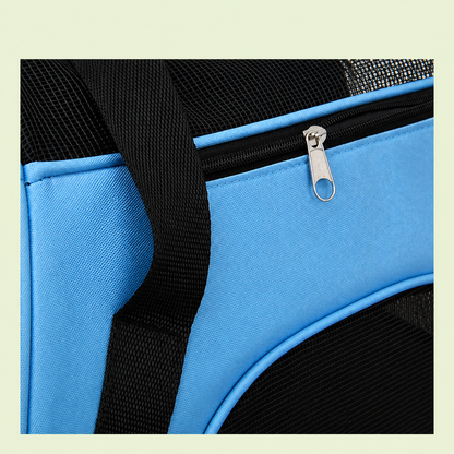 Détail de la fermeture éclair et de la sangle du sac de transport pour chat