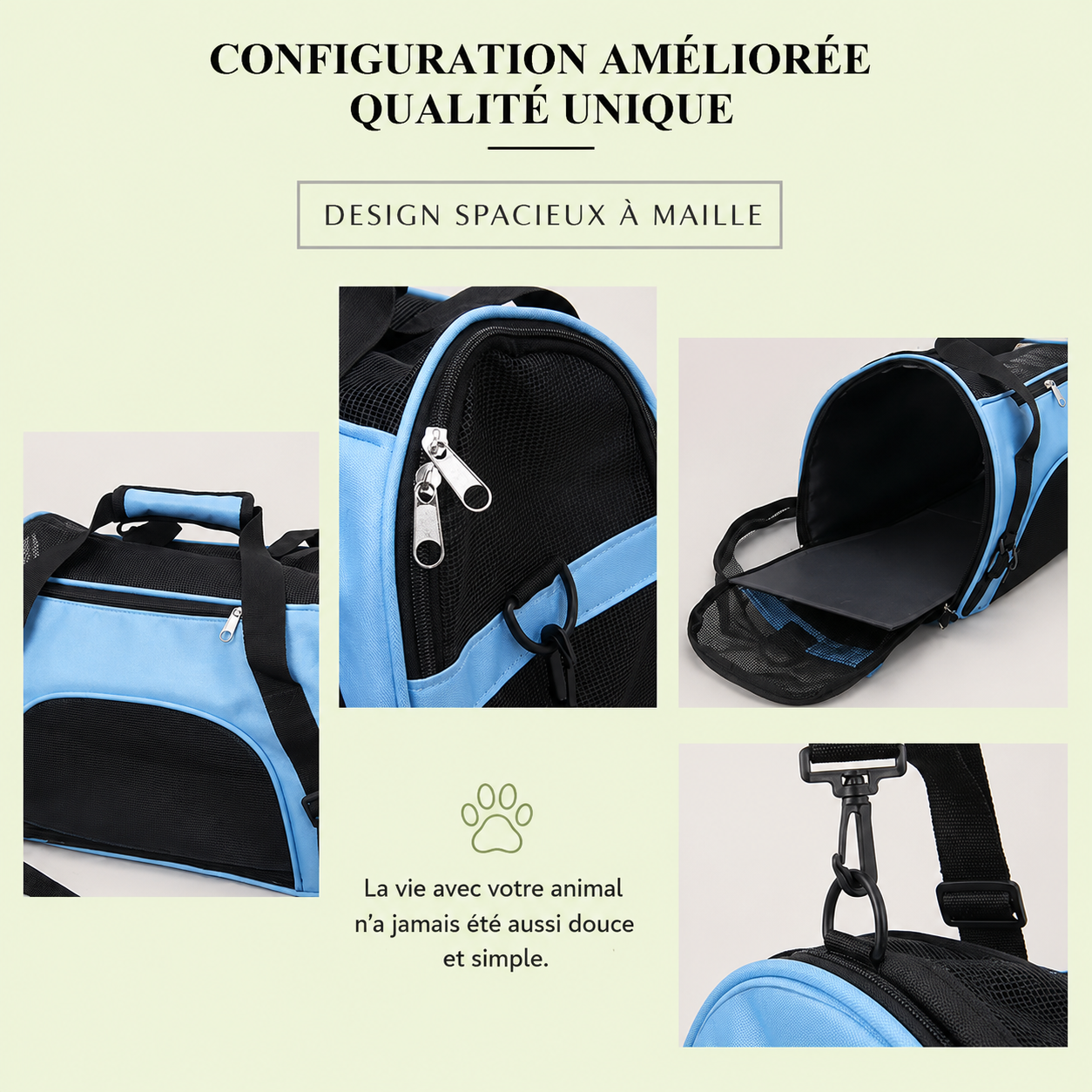 Détails du sac de transport pour chat : fermeture éclair, fond rigide, maille et poignée rembourrée