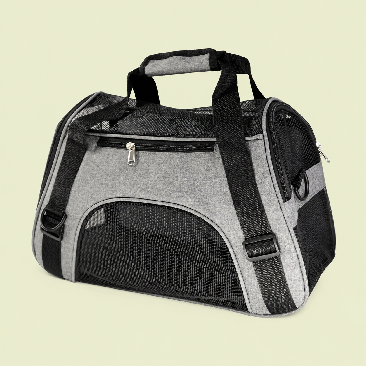 Sac de transport pour chat coloris gris avec bandoulière et panneaux en maille