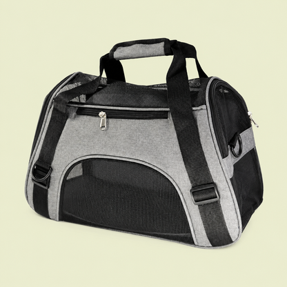 Sac de transport pour chat coloris gris avec bandoulière et panneaux en maille