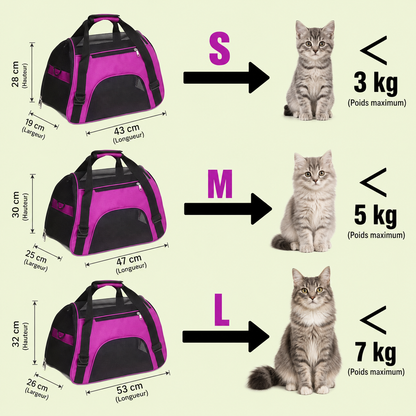 Guide des tailles du sac de transport pour chat : S 43 cm 3 kg, M 47 cm 5 kg, L 53 cm 7 kg
