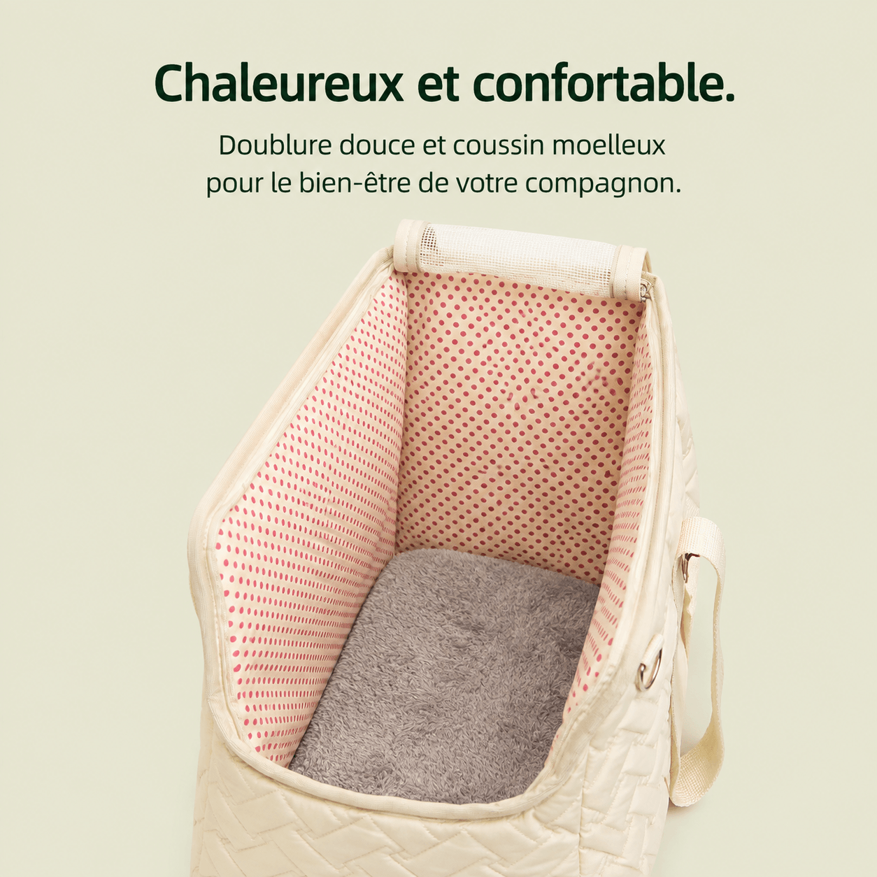 Sac de transport matelassé pour chat coloris crème avec poignées et bandoulière