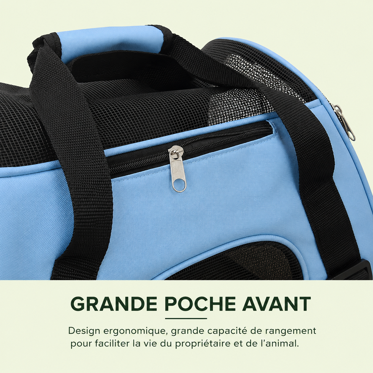 Grande poche avant zippée du sac de transport pour chat, coloris bleu ciel
