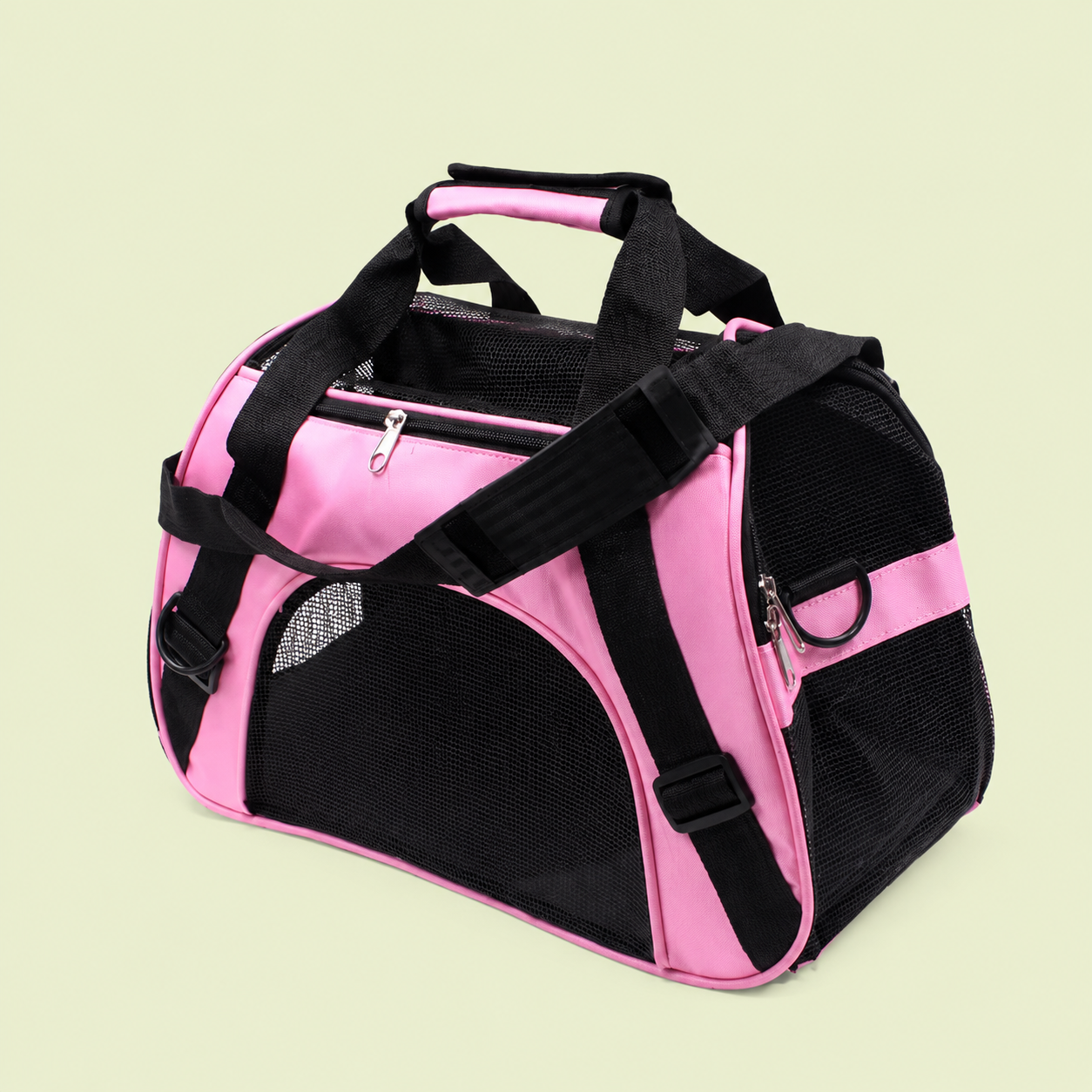 Sac de transport pour chat coloris rose avec bandoulière et panneaux en maille