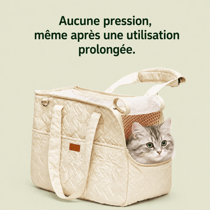 Chat installé dans le sac de transport matelassé dont la structure ne s'affaisse pas