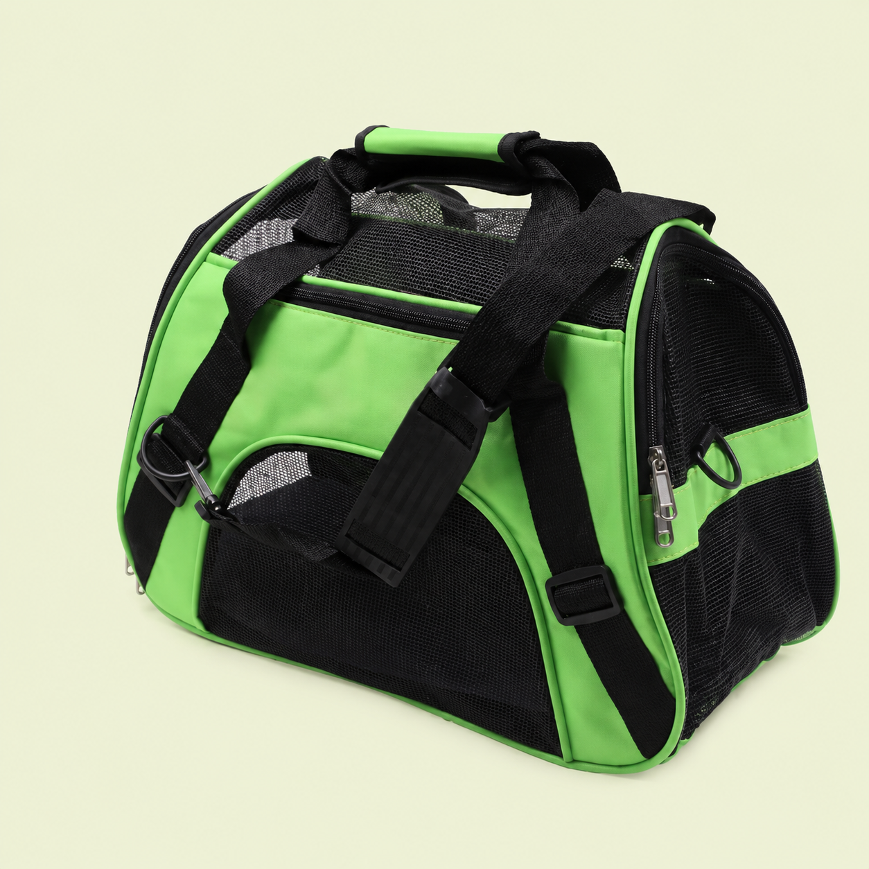 Sac de transport pour chat coloris vert avec bandoulière et panneaux en maille