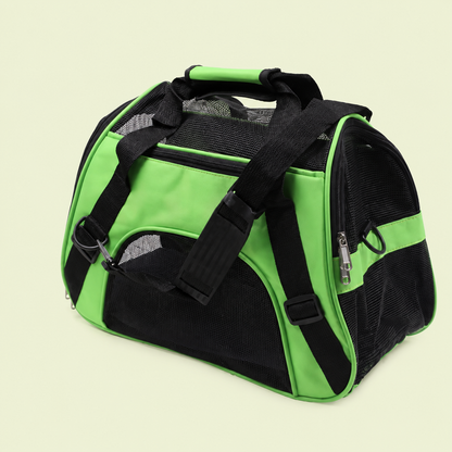 Sac de transport pour chat coloris vert avec bandoulière et panneaux en maille
