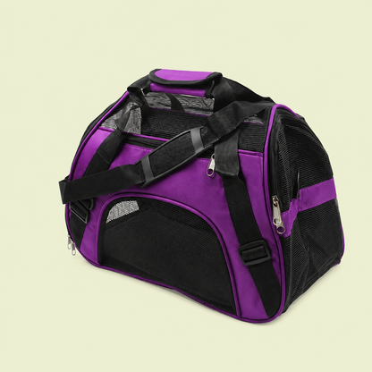 Sac de transport pour chat coloris violet avec bandoulière et panneaux en maille