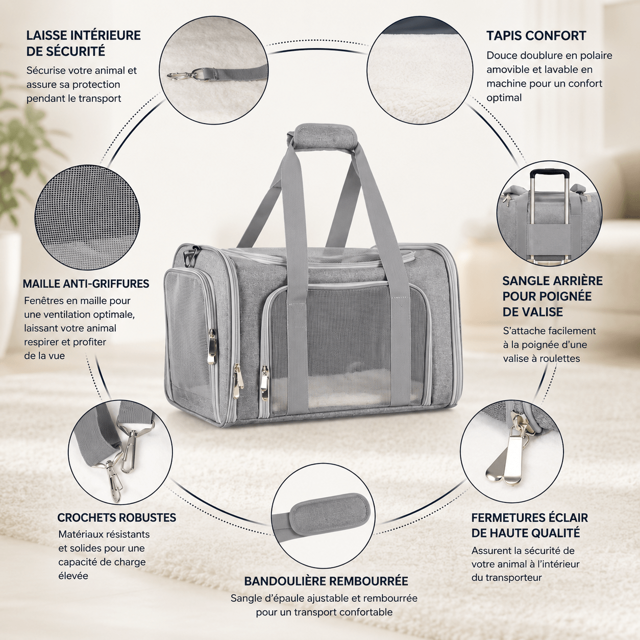 Sac de transport pour chat en 3 tailles : M 40 × 25 × 25 cm, L 45 × 30 × 30 cm et XL 50 × 34 × 34 cm