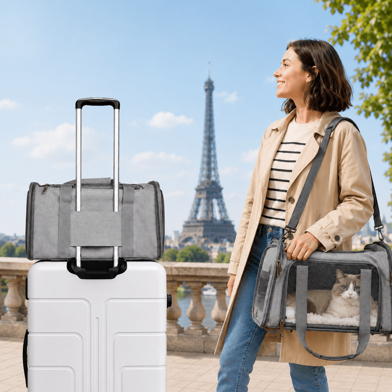 Femme transportant le sac de transport gris pour chat en bandoulière avec un chat Ragdoll, fixé sur une valise devant la tour Eiffel