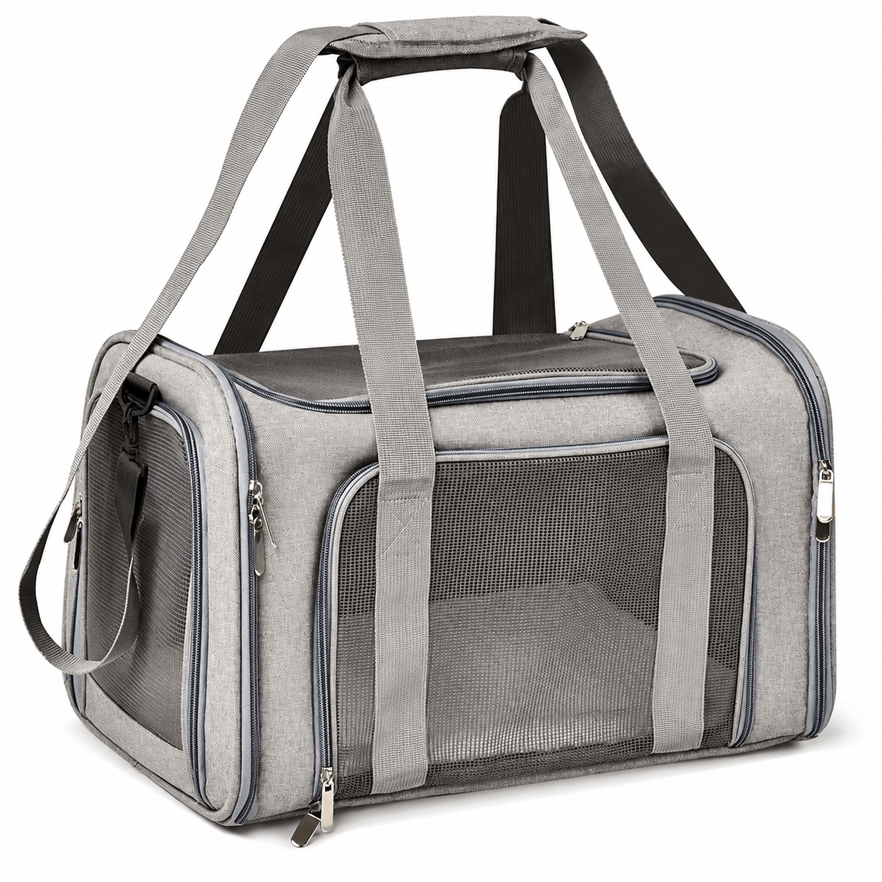 Sac de transport souple pour chat coloris gris, avec panneaux en maille et fermetures éclair