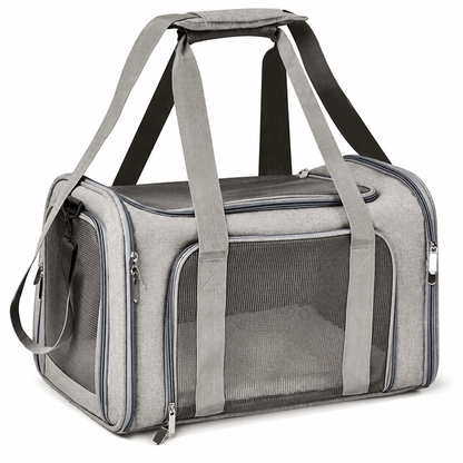 Sac de transport souple pour chat coloris gris, avec panneaux en maille et fermetures éclair