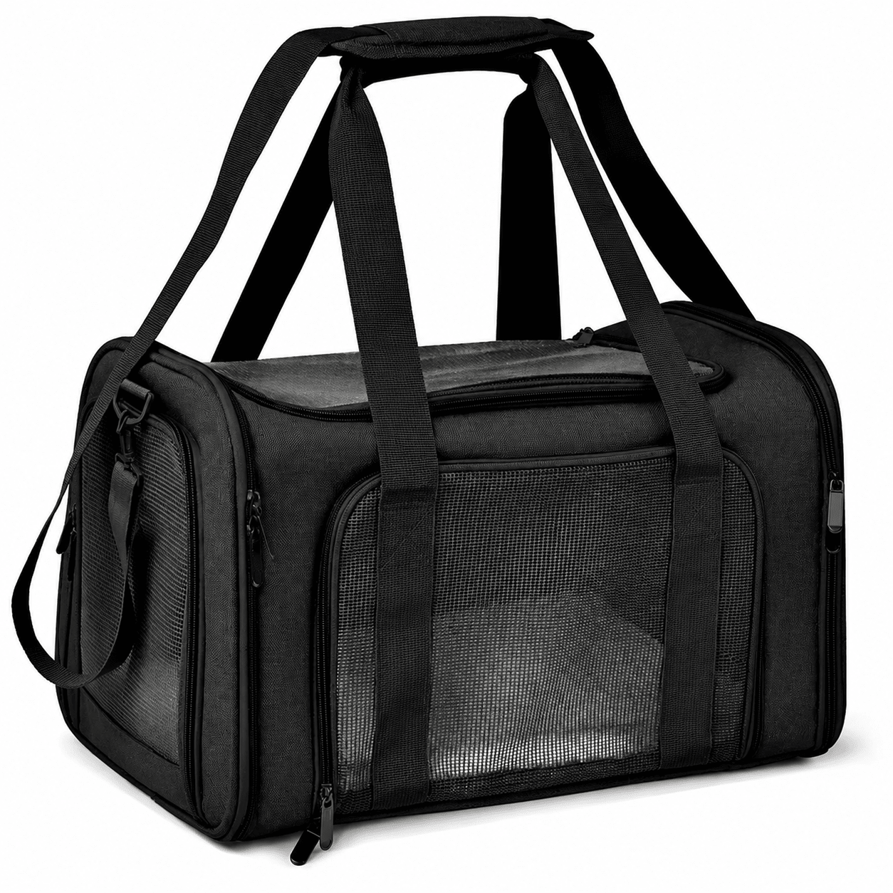 Sac de transport souple pour chat coloris noir, avec panneaux en maille et bandoulière