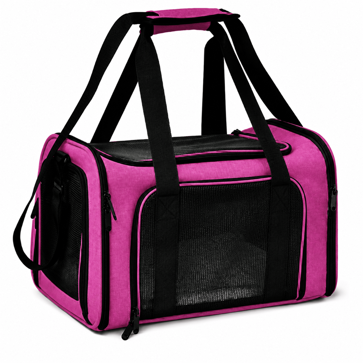 Sac de transport souple pour chat coloris rose, avec panneaux en maille et fermetures éclair