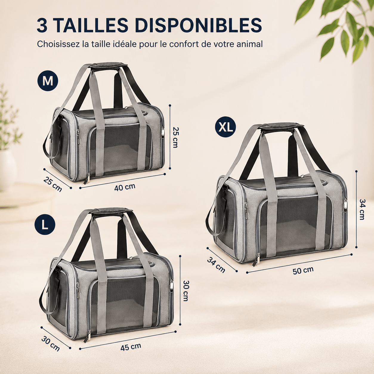 Caractéristiques du sac de transport gris pour chat : maille respirante, fermetures éclair, tapis lavable, crochets, poche latérale, laisse de sécurité et bandoulière rembourrée
