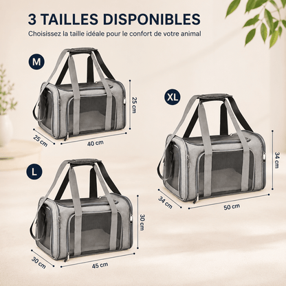 Caractéristiques du sac de transport gris pour chat : maille respirante, fermetures éclair, tapis lavable, crochets, poche latérale, laisse de sécurité et bandoulière rembourrée