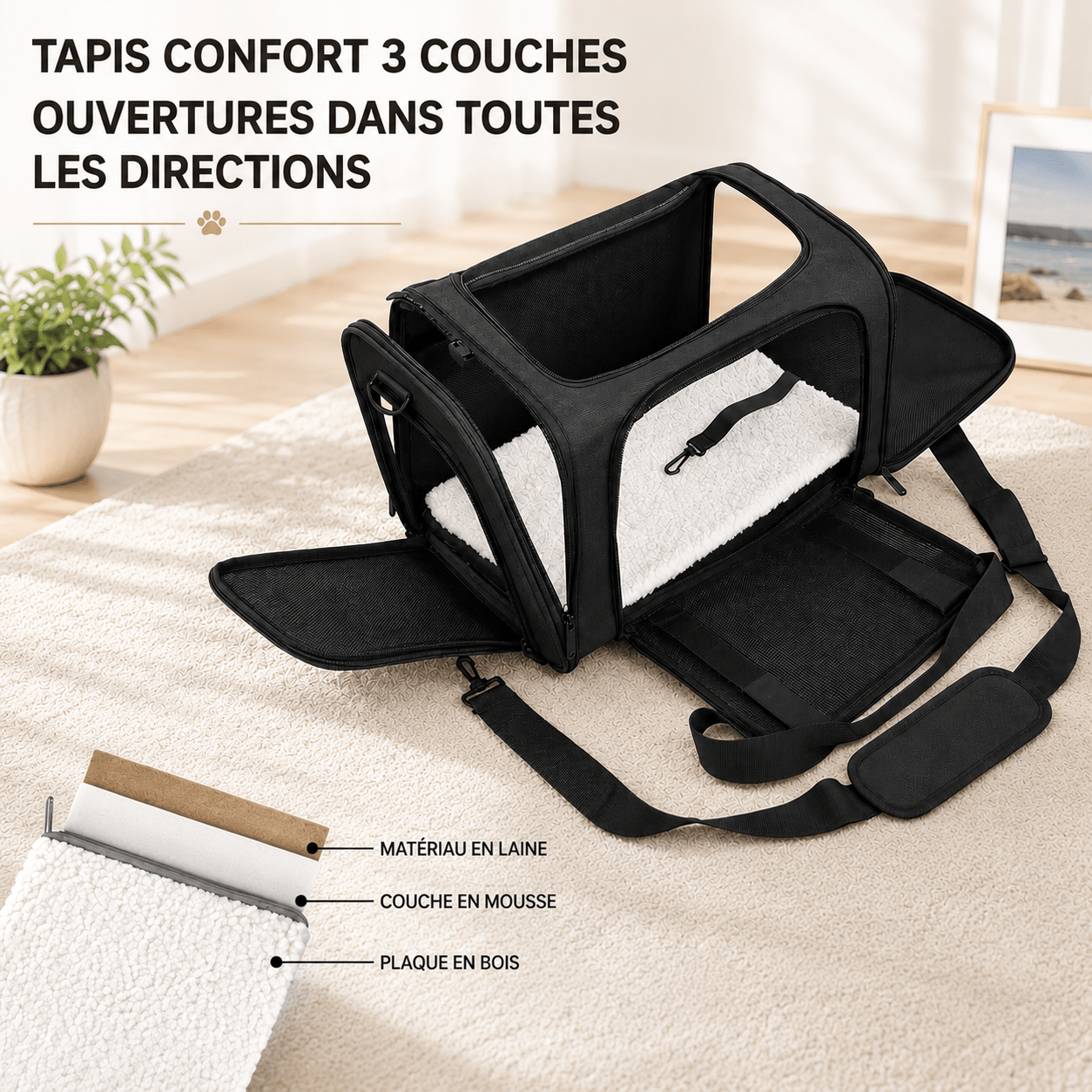 Sac de transport gris pour chat : maille anti-griffures, fermetures éclair, tapis confort, sangle pour poignée de valise, crochets robustes et bandoulière rembourrée