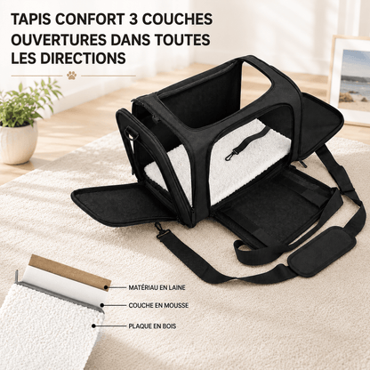Sac de transport gris pour chat : maille anti-griffures, fermetures éclair, tapis confort, sangle pour poignée de valise, crochets robustes et bandoulière rembourrée