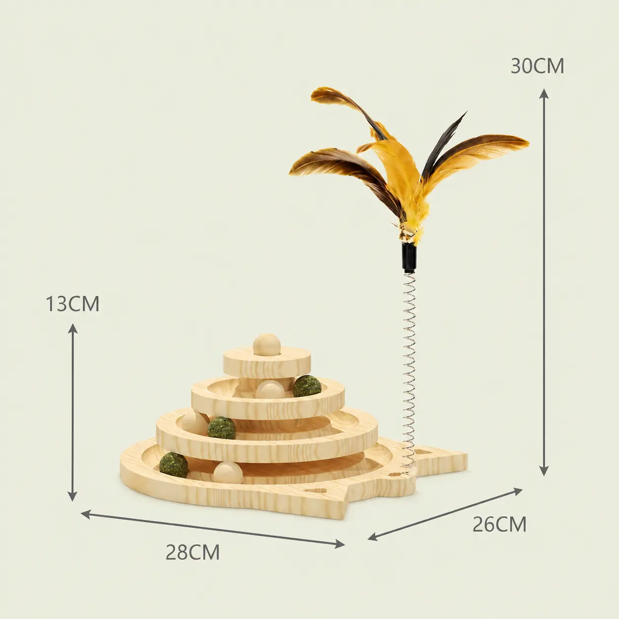 Dimensions de la tour de jeu en bois 3 niveaux : base 28 × 26 cm, hauteur 13 cm, plumeau 30 cm