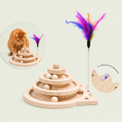 Tour de jeu en bois pour chat avec plumeau multicolore et zoom sur la ventouse de fixation résistante