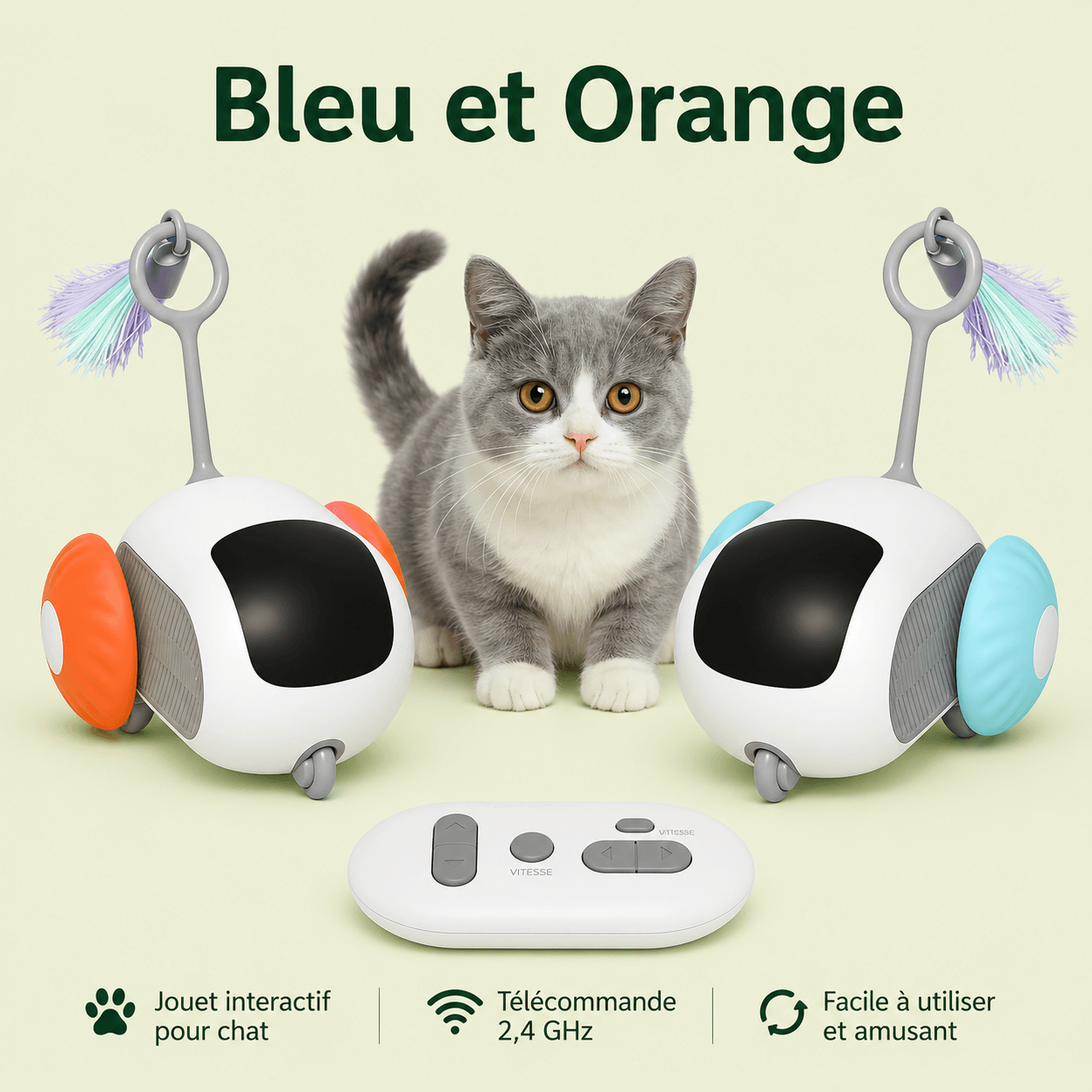 Voiture interactive pour chat en bleu et orange avec télécommande sans fil 2,4 GHz