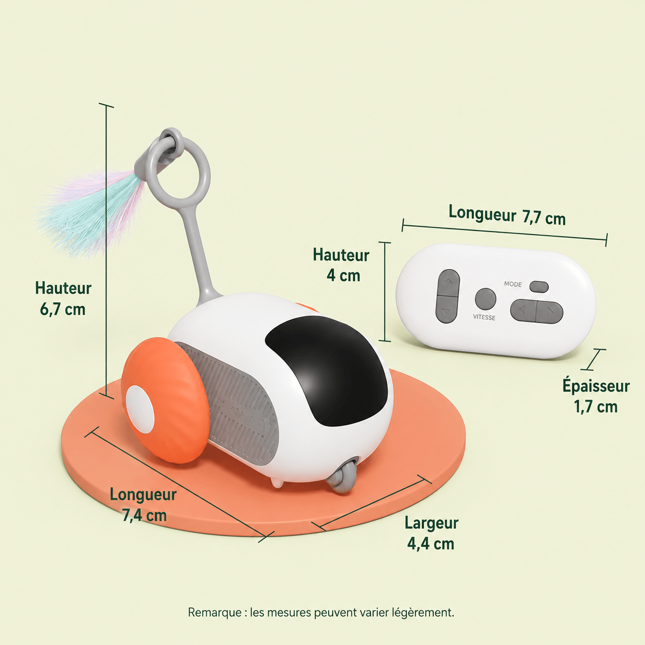 Dimensions de la voiture interactive pour chat, 7,4 x 4,4 x 6,7 cm, et de sa télécommande