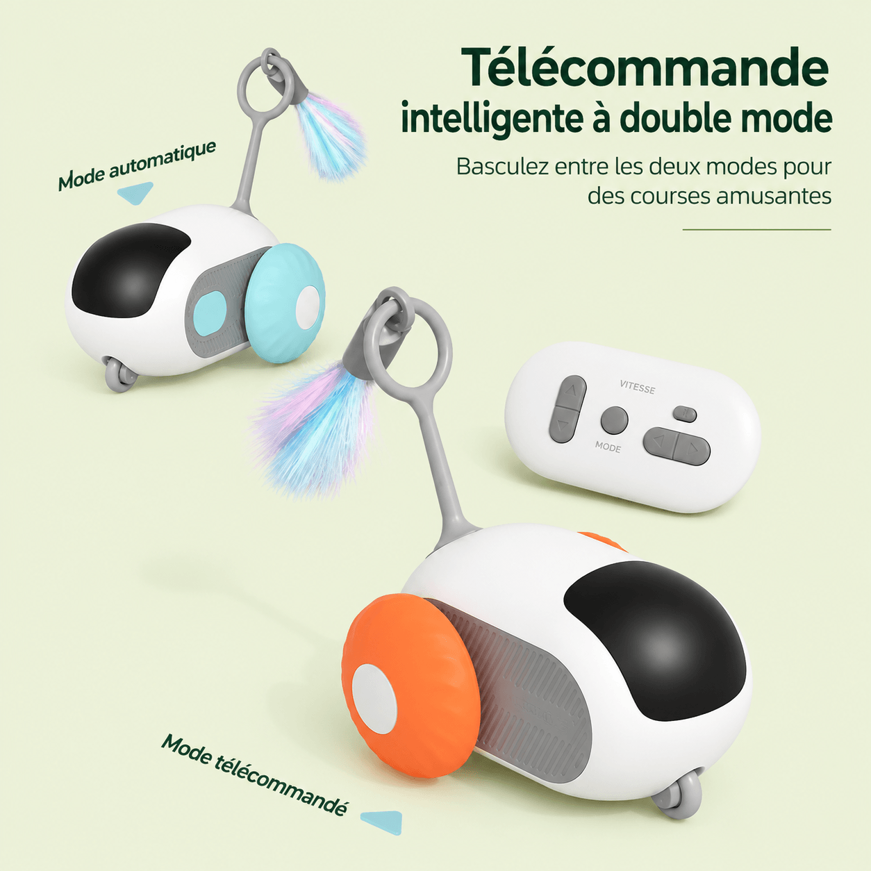 Voiture interactive pour chat à double mode, coloris bleu et orange avec sa télécommande
