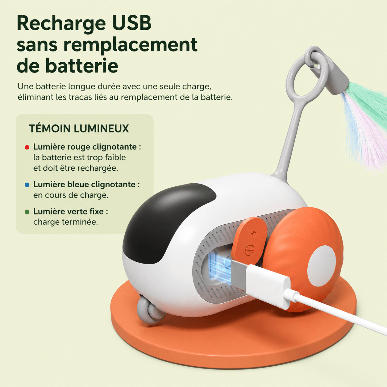 Voiture interactive pour chat en charge USB avec témoin lumineux rouge, bleu et vert